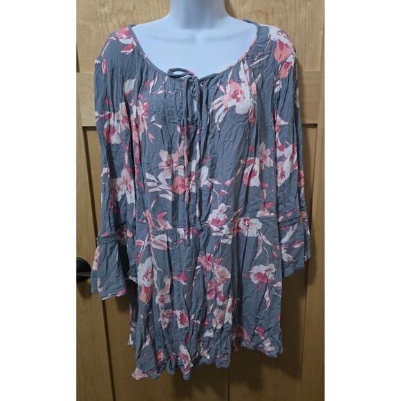 Lane Bryant Womens Floral Boho Tunic Top 22/24 Gray & Pink Crinkle Fabric - Picture 1 of 6